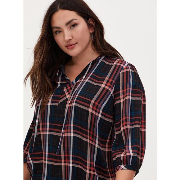 Torrid Plaid Rayon Twill Tie Neck Plaid Peasant Top Womens Size 1X Multicolor - Picture 3 of 11